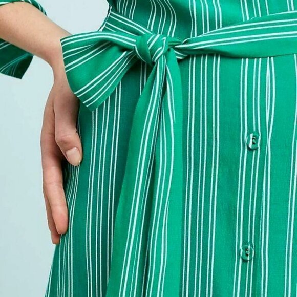 Anthropologie Belted Shirt Dress 0 Green Striped Long Sleeve Midi Lightweight - Picture 7 of 8